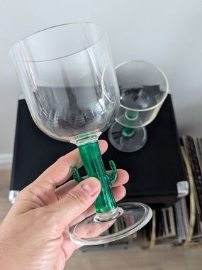 Pair of Cactus Stem Wine Glasses - Clear & Green